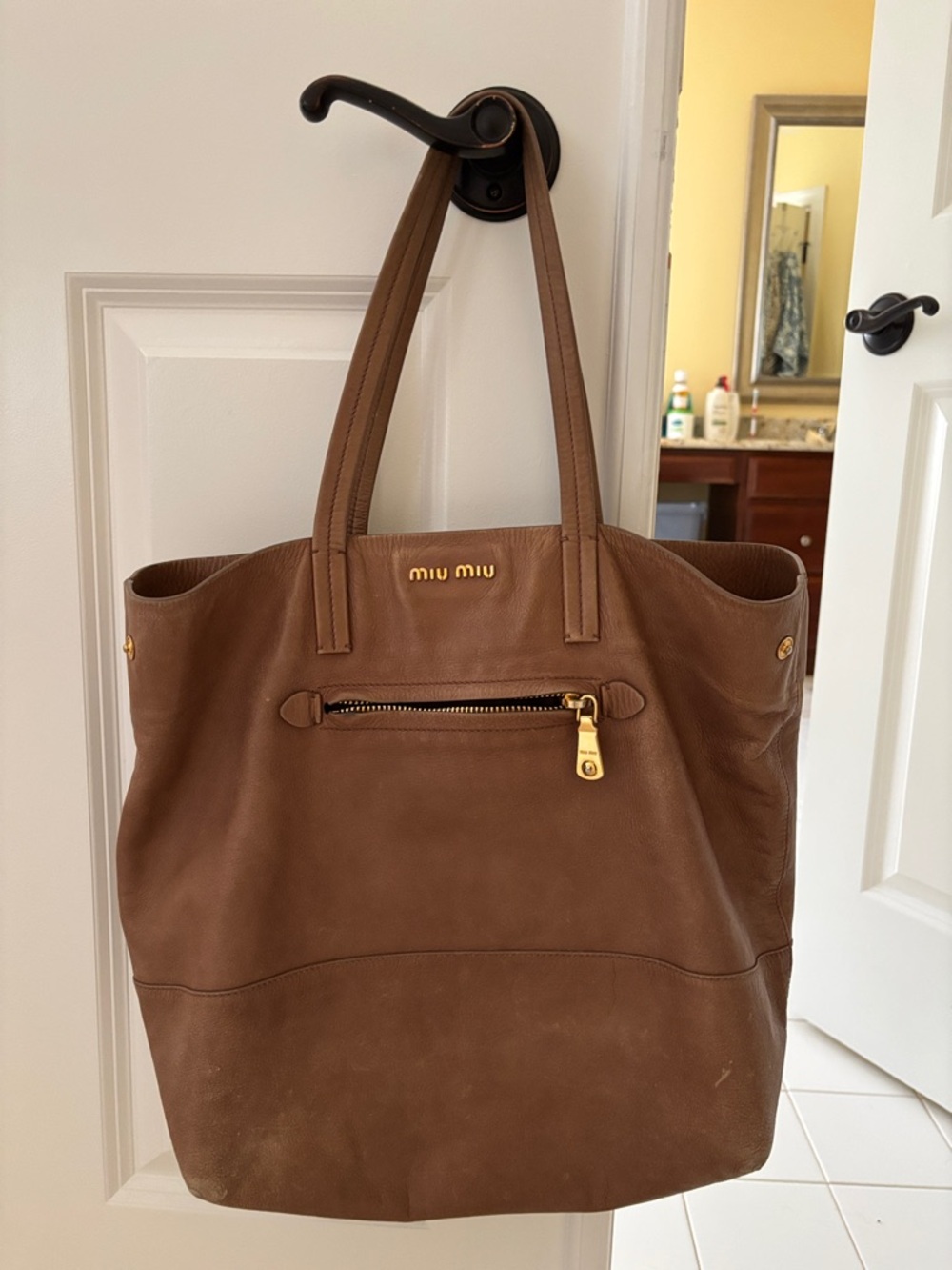 Miu Miu Tan Leather Double-Handle Tote with Front/Back Zip
